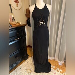 Stunning vintage Jessica McClintock Gunne Sax black maxi dress with lace detail